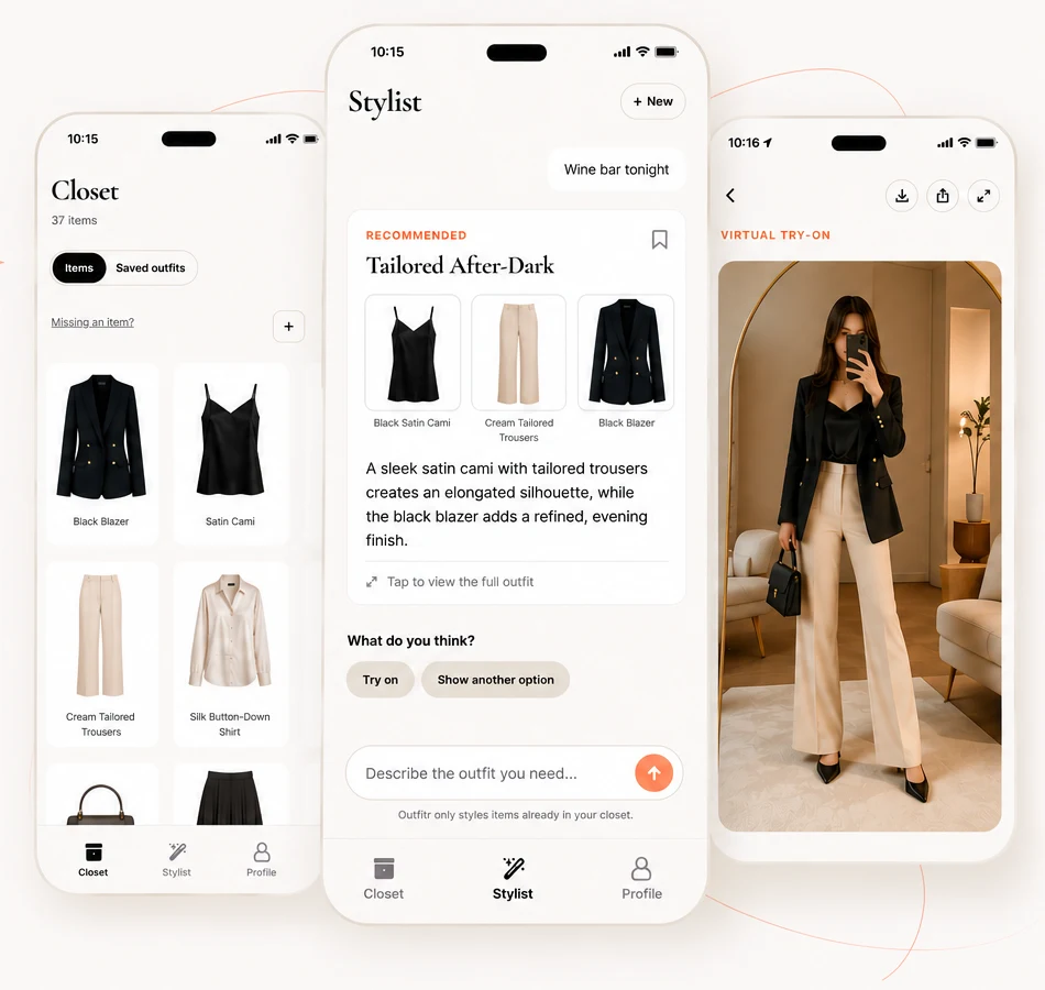 Outfitr product screens showing a closet, recommendation, and try-on