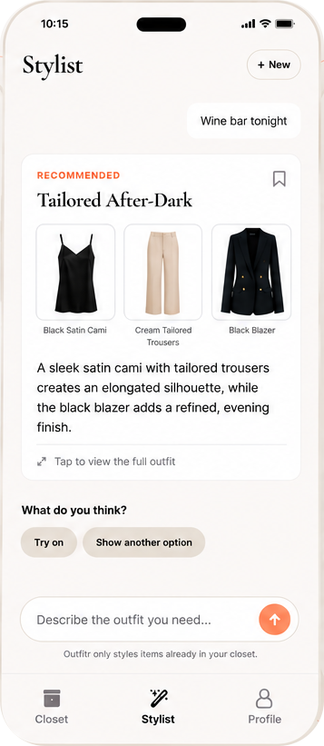 Outfitr Stylist recommending a tailored after-dark outfit