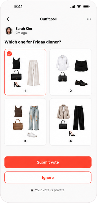 Private outfit poll with Look 1 selected