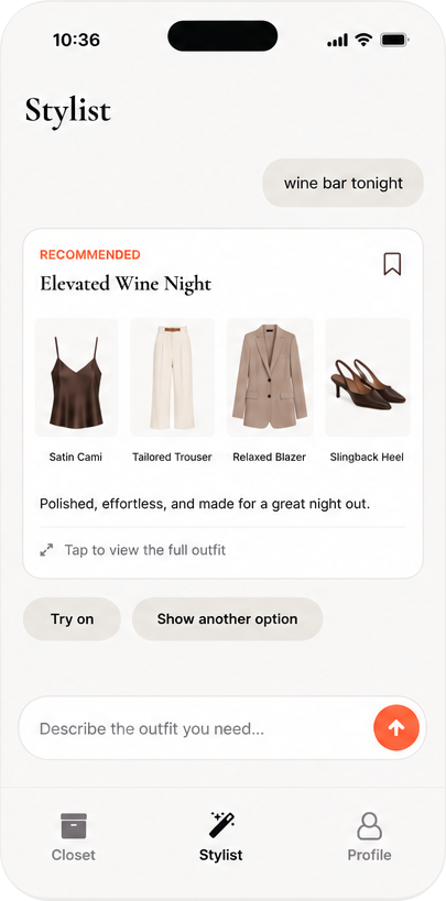 Outfitr Stylist recommending an Elevated Wine Night outfit from the user's closet