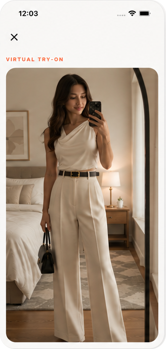 Outfitr virtual try-on result showing a cream outfit